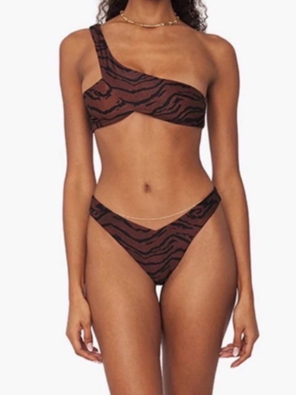 WeWoreWhat Brown & Black tiger-Print One-Shoulder Bikini Set